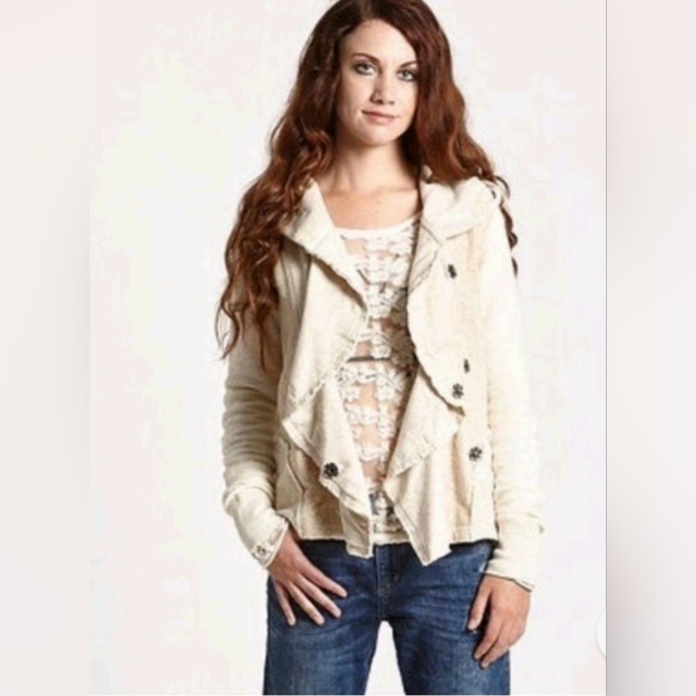 Free People Cream Hooded Lace Detail Cardigan Sweatshirt